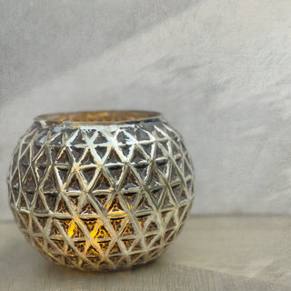 GLASS VOTIVE (ROUND GEOMETRIC TEXTURE)- ANTIQUE SILVER