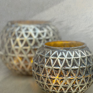 GLASS VOTIVE (ROUND GEOMETRIC TEXTURE)- ANTIQUE SILVER