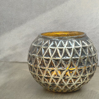 GLASS VOTIVE (ROUND GEOMETRIC TEXTURE)- ANTIQUE SILVER