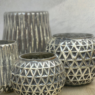 GLASS VOTIVE (ROUND GEOMETRIC TEXTURE)- ANTIQUE SILVER